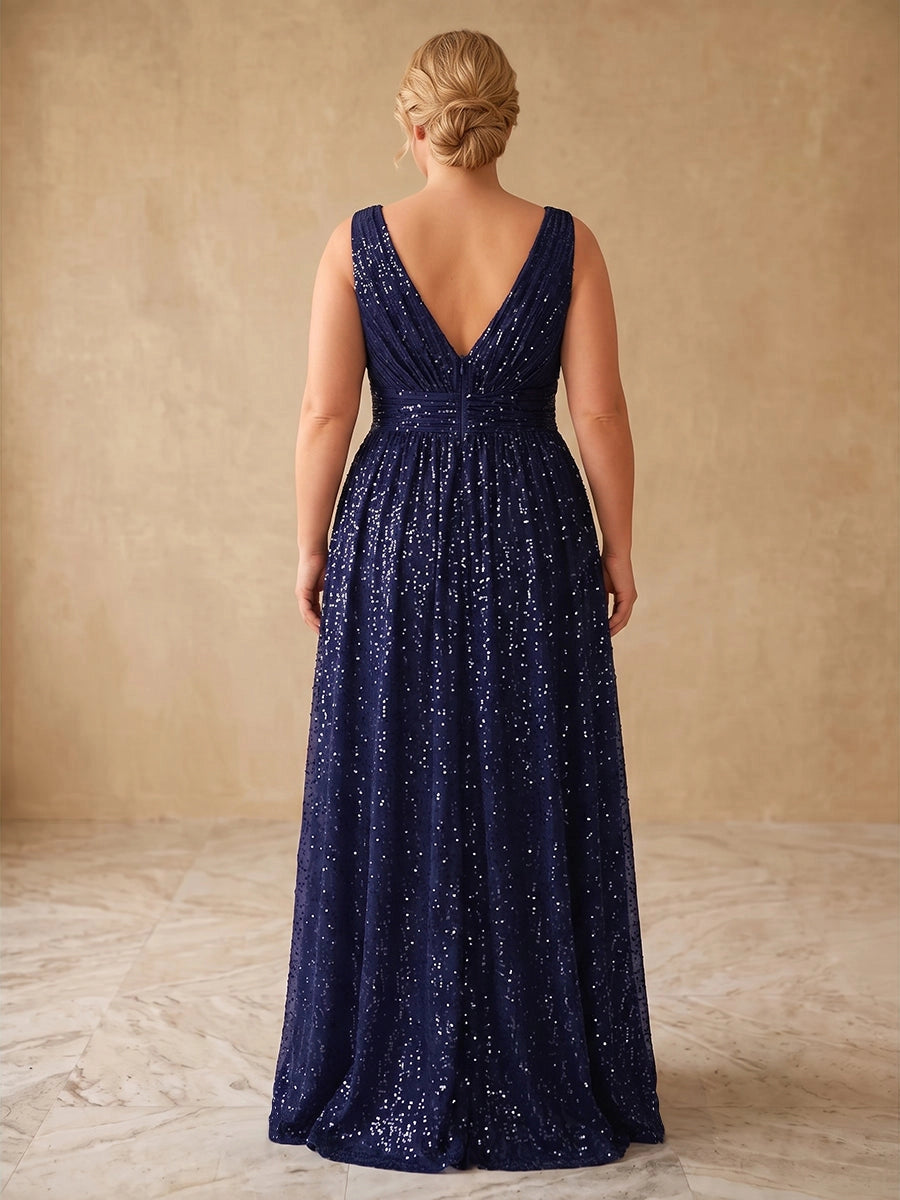Deep v‑back detail of navy sparkly plus‑size high‑low formal evening gown