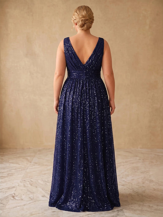 Deep v‑back detail of navy sparkly plus‑size high‑low formal evening gown