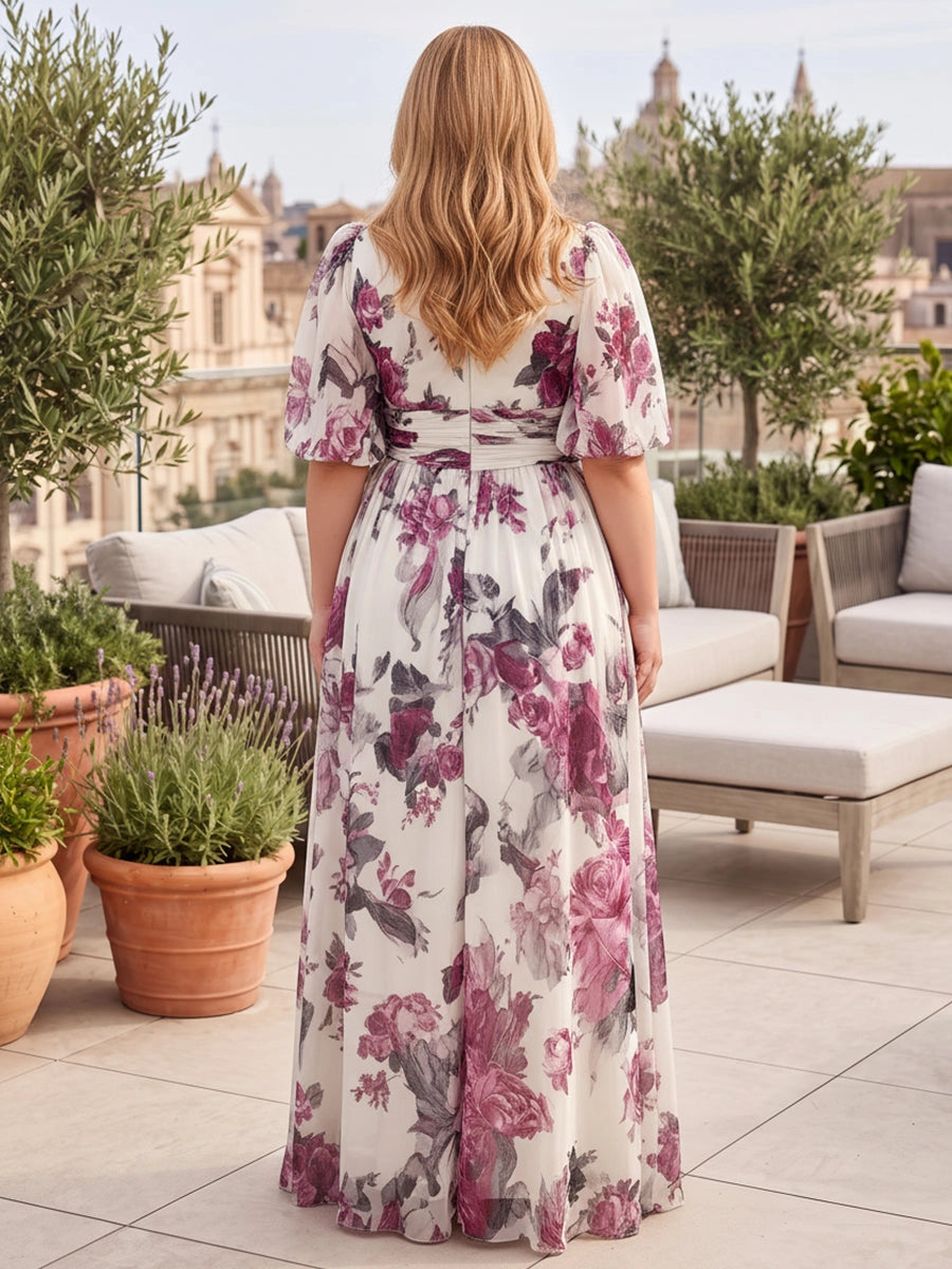 Zip‑back detail of white rose‑print chiffon curvy long prom gown