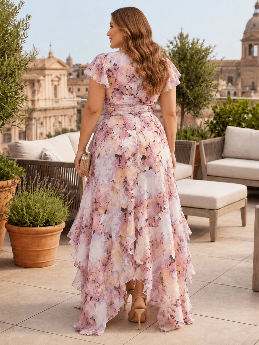 Elastic smocked‑back detail of flower‑print chiffon asymmetrical curvy formal gown