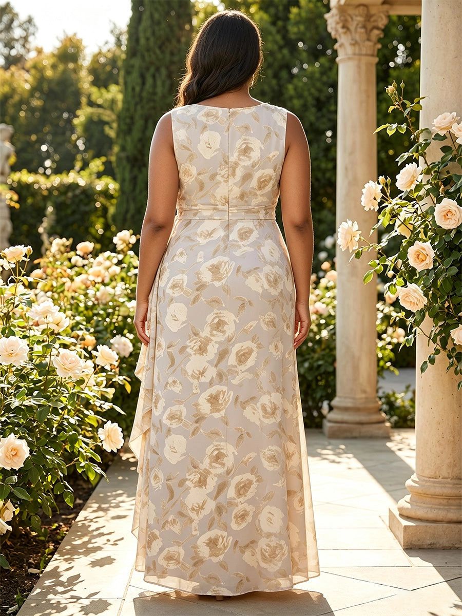 Straight boat neckline and vertical centre zipper‑back floral long formal gown