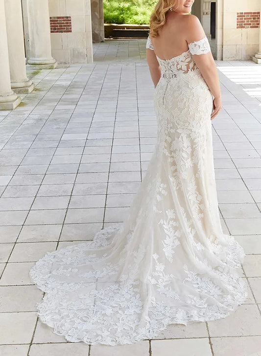 roselledress sheer illusion lace back off shoulder mermaid plus‑size bridal gown back view