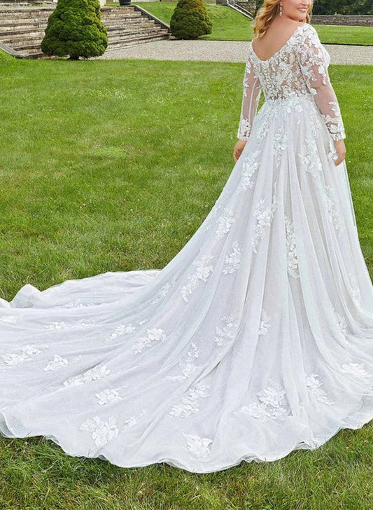 roselledress sheer illusion lace back long‑sleeve a‑line plus‑size bridal gown long train back view