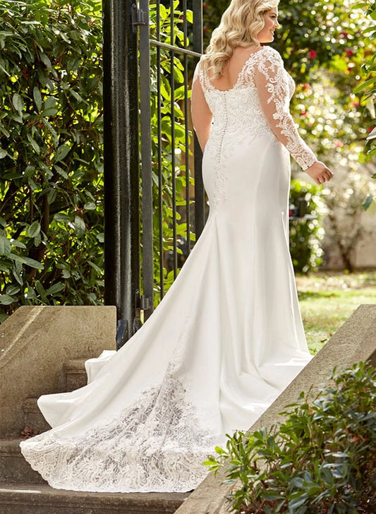 roselledress lace button‑up back lace hem train plus‑size mermaid bridal gown