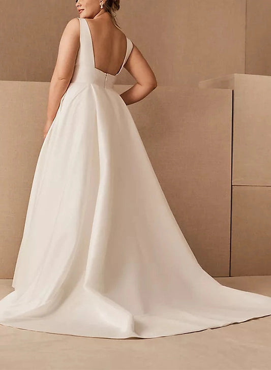 roselledress square low back minimalist satin plus‑size bridal gown long train