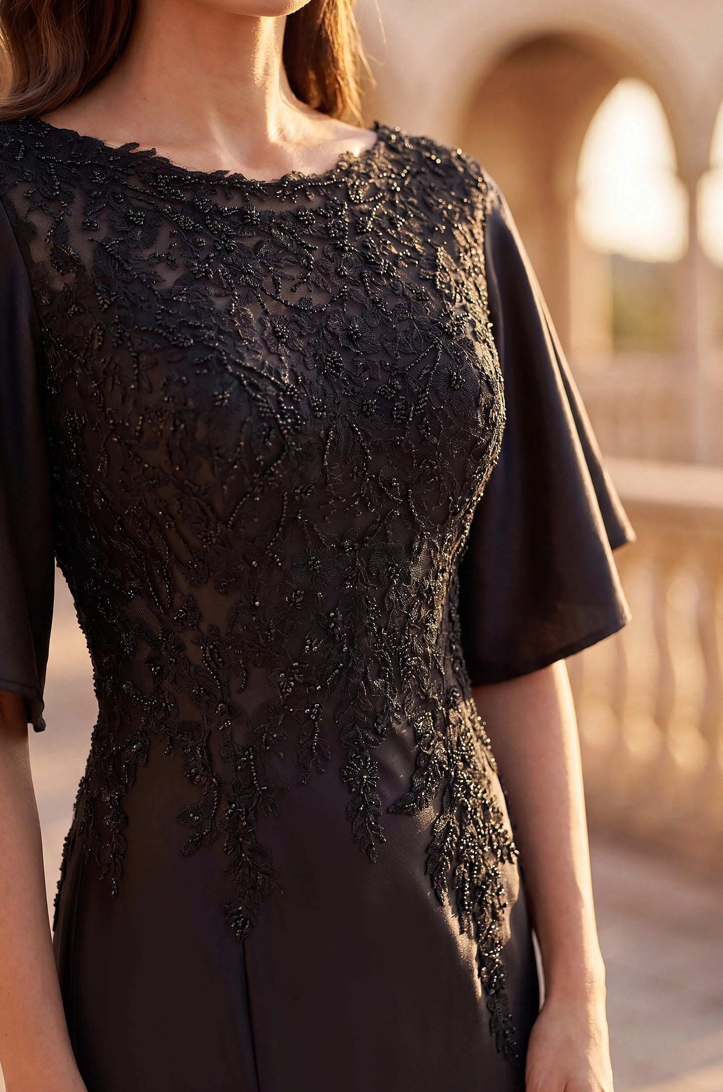 Elegant Mermaid Round Neck Flutter-Sleeve Illusion-Back Floor-Length Mother of the Bride Dresses