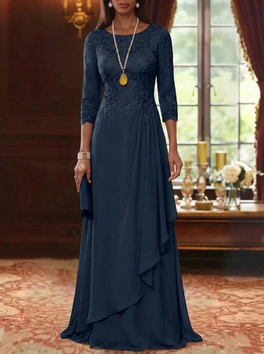 Modest A-Line Round Neck Three-Quarter-Sleeve Closed-Back Floor-Length Mother of the Bride Dresses