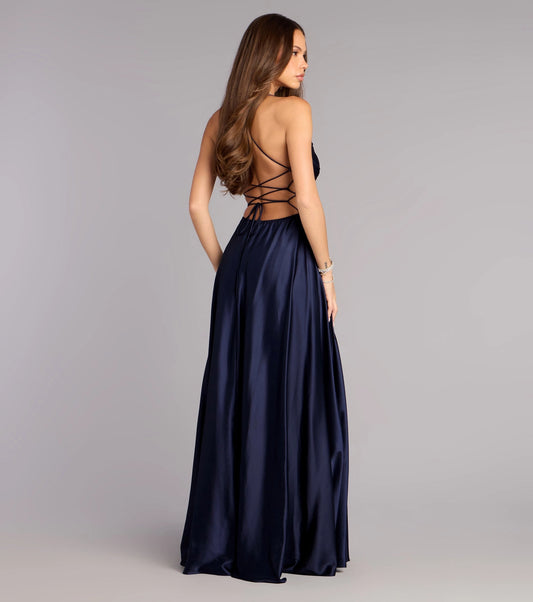 RoselleDress Dark Navy Lace Up Crisscross Back Satin Formal Party Dress Back View