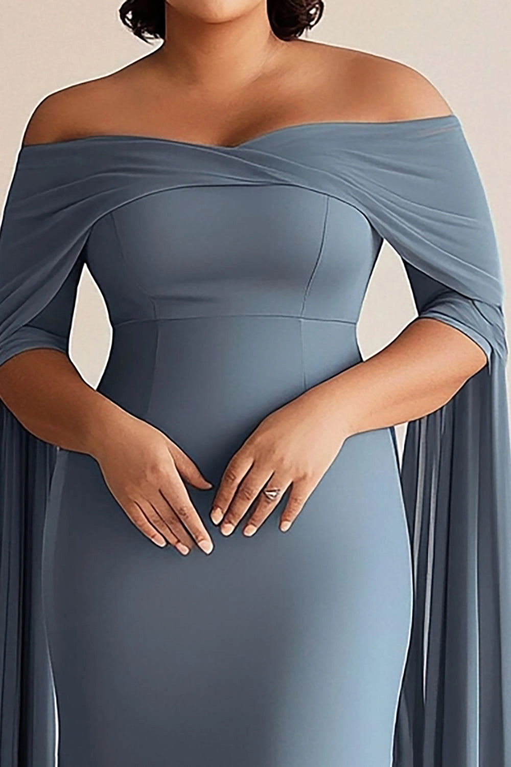 Plus Size Chiffon Off-the-Shoulder Cape Sleeve Long Wedding Guest Dress