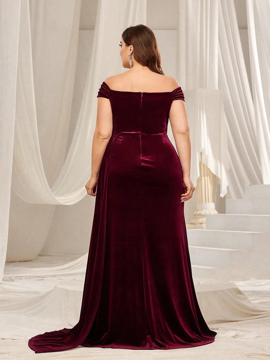 Burgundy velvet plus size off shoulder low back zipper draped long evening dress back view