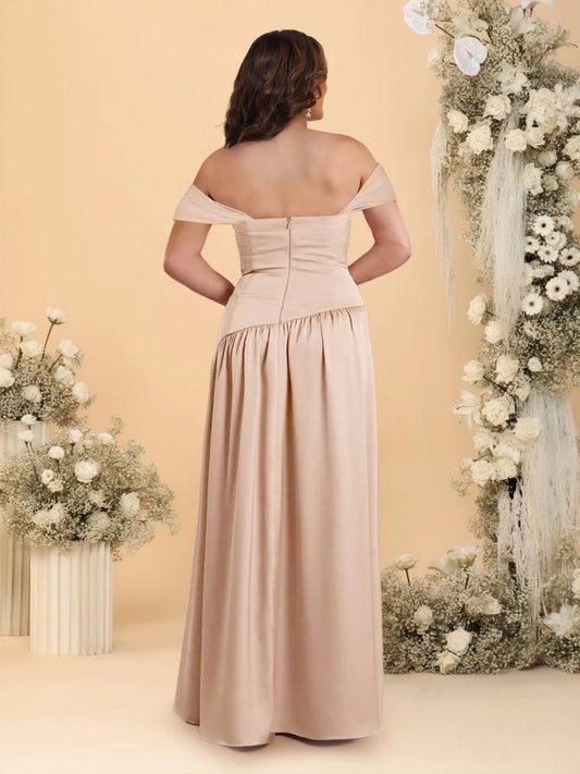 Model wearing roselledress champagne satin bridesmaid dress convertible neck invisible zip‑back rear view