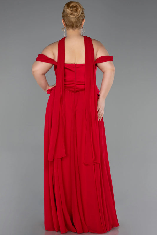 Red plus size wedding guest dress with open square back, zipper and draped shoulder panels