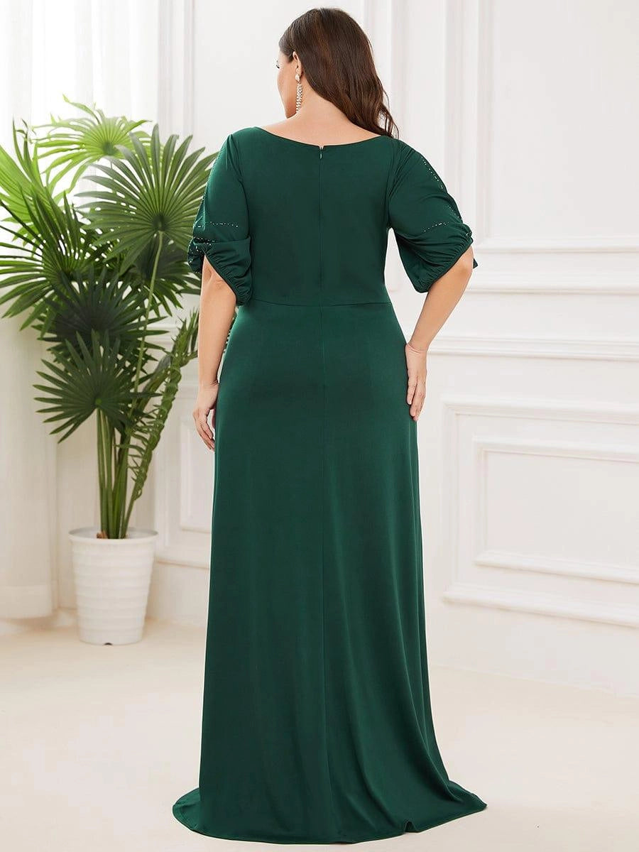 Roselledress Beaded A-Line Plus Size Scoop Cutout Sleeve Zipper Back Floor Weeding Guest Dress