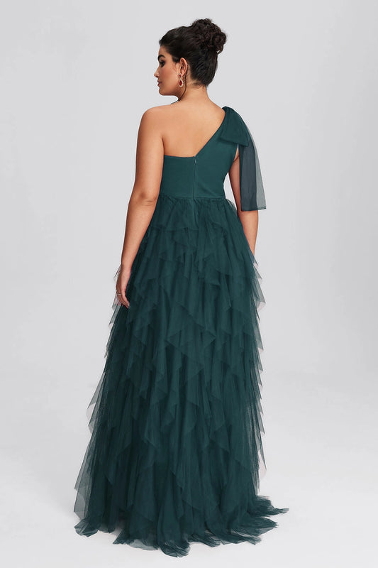 Back view Roselledress forest green plus size one shoulder tulle prom dress layered ruffle formal gown