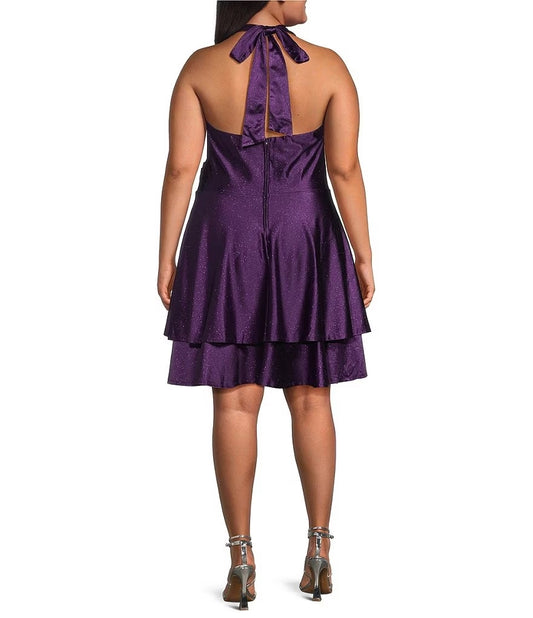 Plus size purple glitter homecoming dress with halter tie neck, open back and center zipper