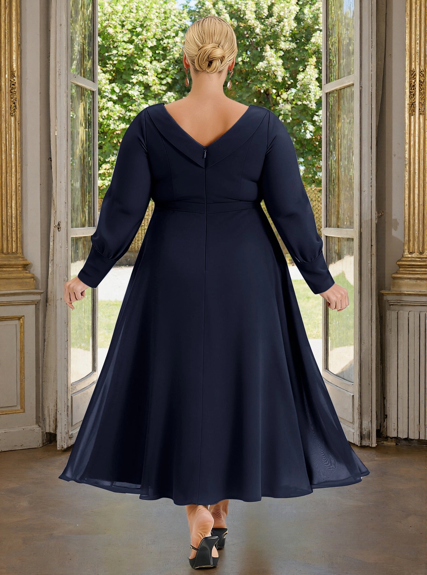 Roselledress navy chiffon tea‑length formal dress deep v‑back long sleeve plus size evening gown back view