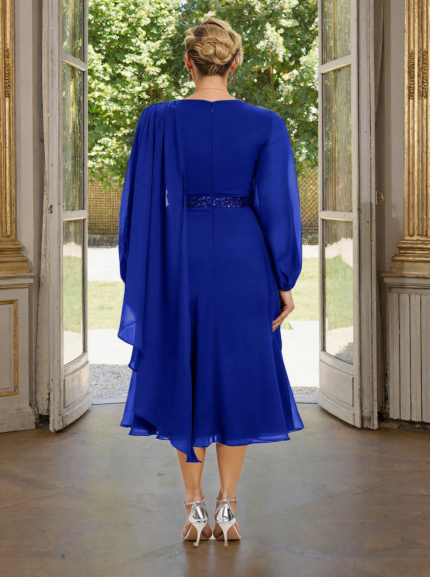 Roselledress royal blue a‑line formal dress back view, zipper closure cape sleeve sequin waist mother of bride gown