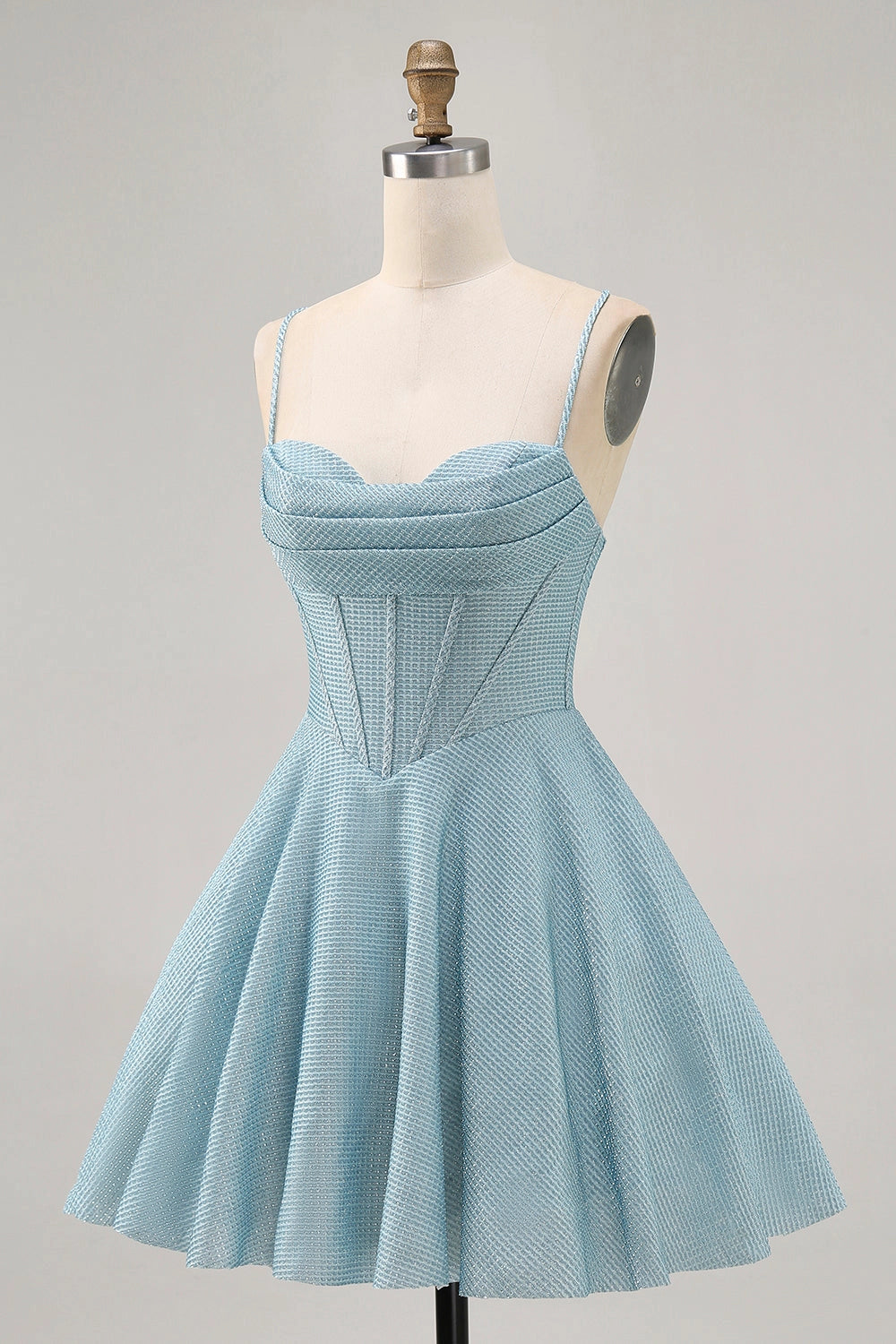 Light Blue A-Line Cowl Spaghetti Strap Lace Up Back Mini Homecoming Dress
