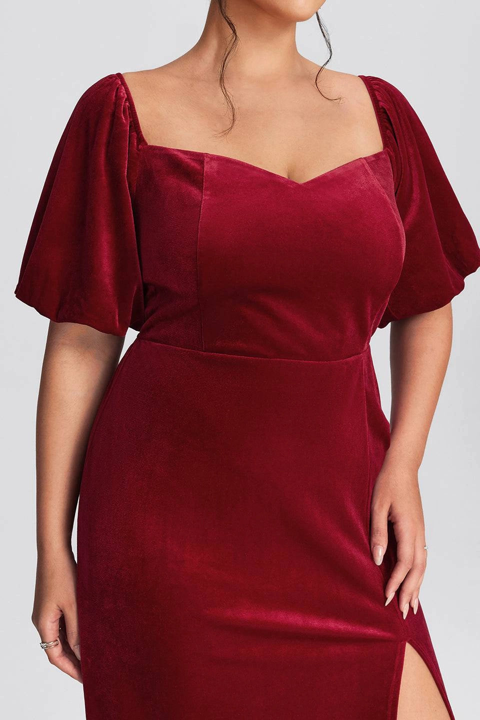Burgundy Plus Size Sheath Sweetheart Puff‑Short‑Sleeve Smocked‑Back Floor‑Length Prom Dress