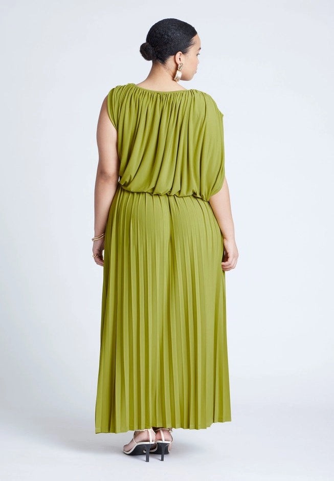 Roselledress Cape‑Sleeve Cutout Waist Pleated Maxi Plus Size Wedding Guest Dress