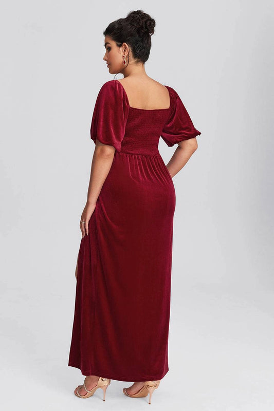 Back view Roselledress burgundy plus size velvet dress smocked square back floor‑length formal party gown