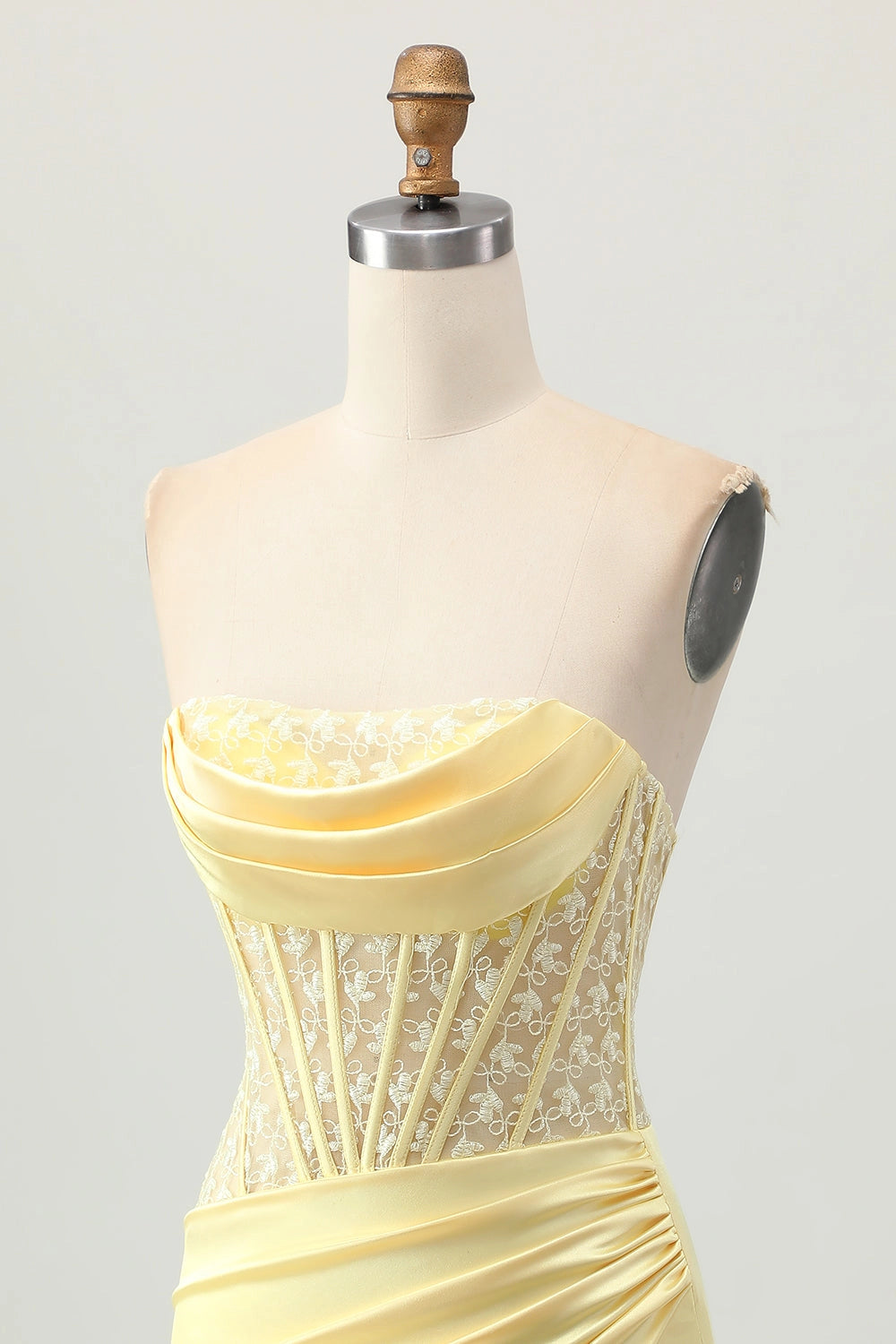 Pale Yellow Bodycon Cowl Strapless Lace Up Back Mini Homecoming Dress