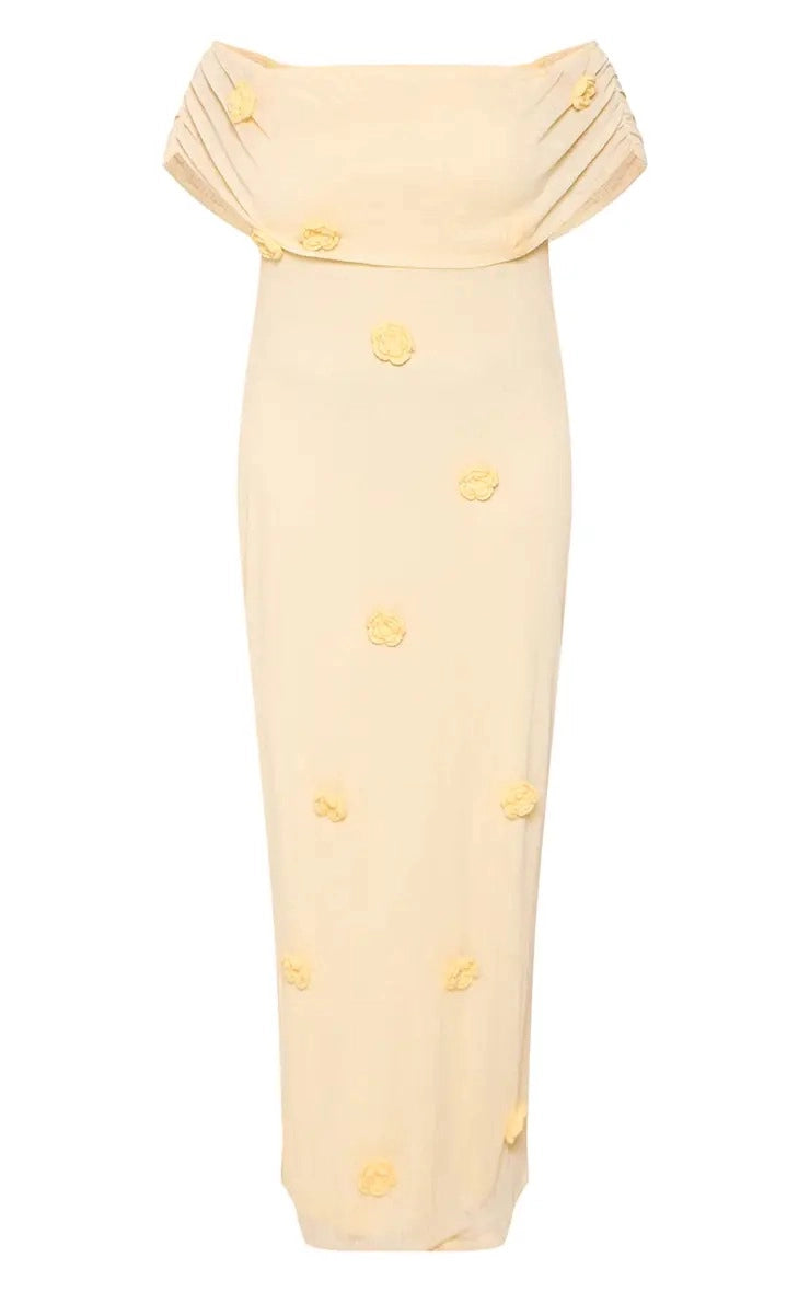 Roselledress Chiffon Floral‑Appliqué Column Off‑The‑Shoulder Short‑Sleeve Split‑Back Maxi Plus Size Wedding Guest Dress