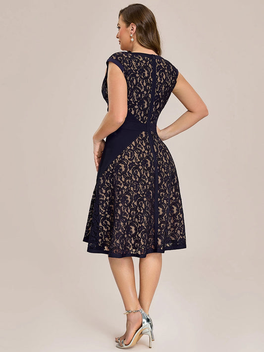 Roselledress plus size lace midi dress back view, solid zipper closure navy wedding guest knee dress