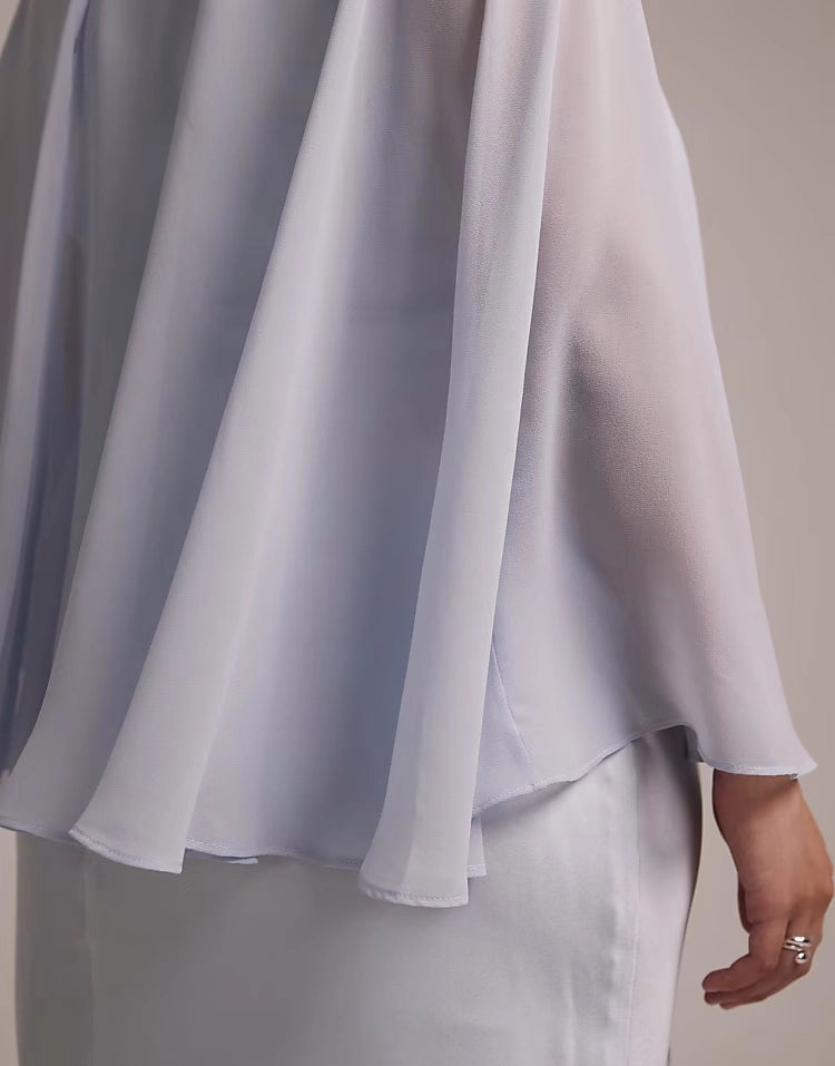 Flowy Cape‑Overlay Round‑Neck Satin‑Skirt Zip‑Back Maxi Plus Size Wedding Guest Dress