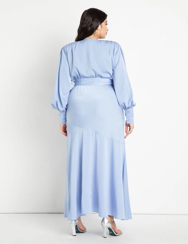 Roselledress Ruffle-Hem Long-Sleeve Satin Midi Plus Size Wedding Guest Dress