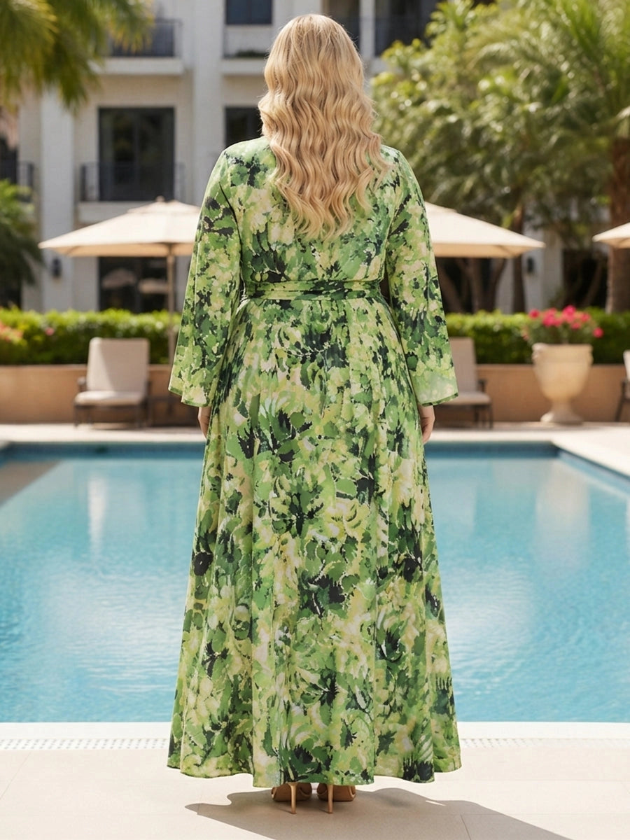 Roselledress printed wrap dress plus size tie waist maxi casual wedding guest dress back view