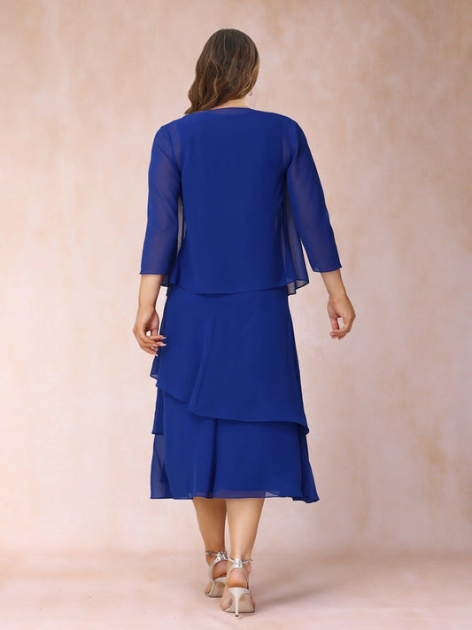 roselledress curvy royal blue mom formal dress solid modest back chiffon jacket layered midi mother of groom dress
