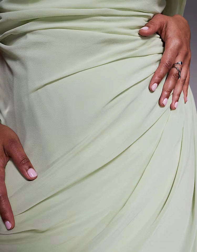 Off‑The‑Shoulder Ruched Chiffon High‑Slit Maxi Plus Size Wedding Guest Dress