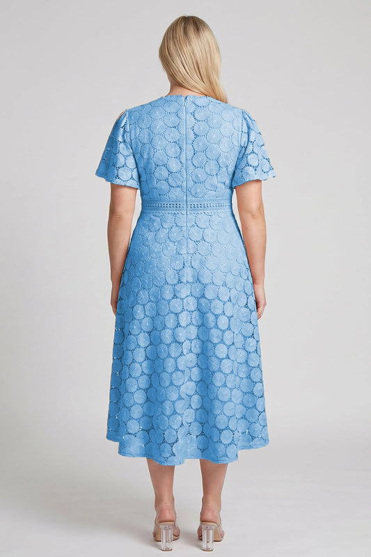 Roselledress plus size light blue lace formal midi dress solid back short sleeve church party gown