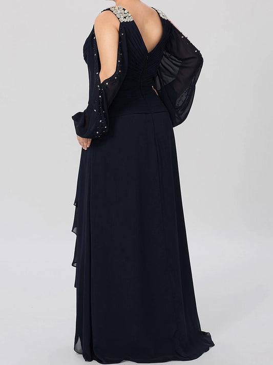 Roselledress back view black formal gown,deep open back cold shoulder long sleeve plus size evening dress