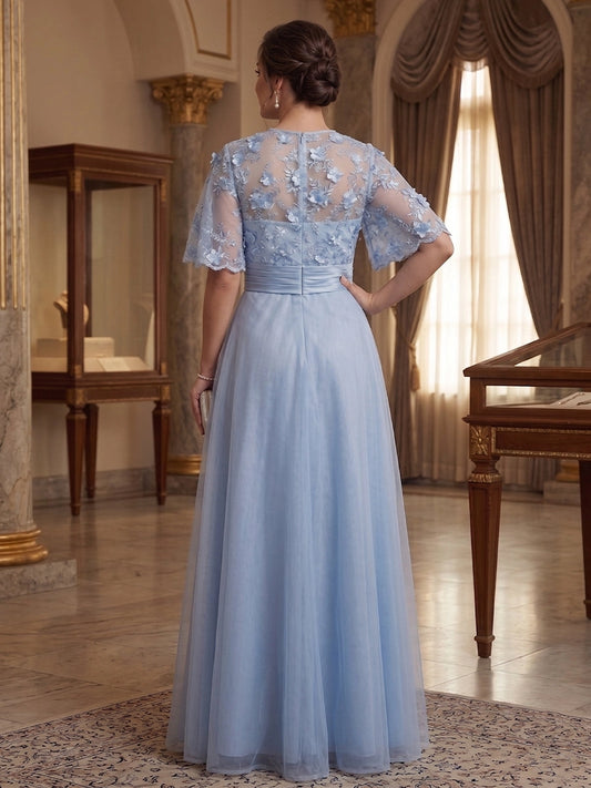 roselledress curvy light blue mom dress full sheer floral lace back zipper church wedding long gown