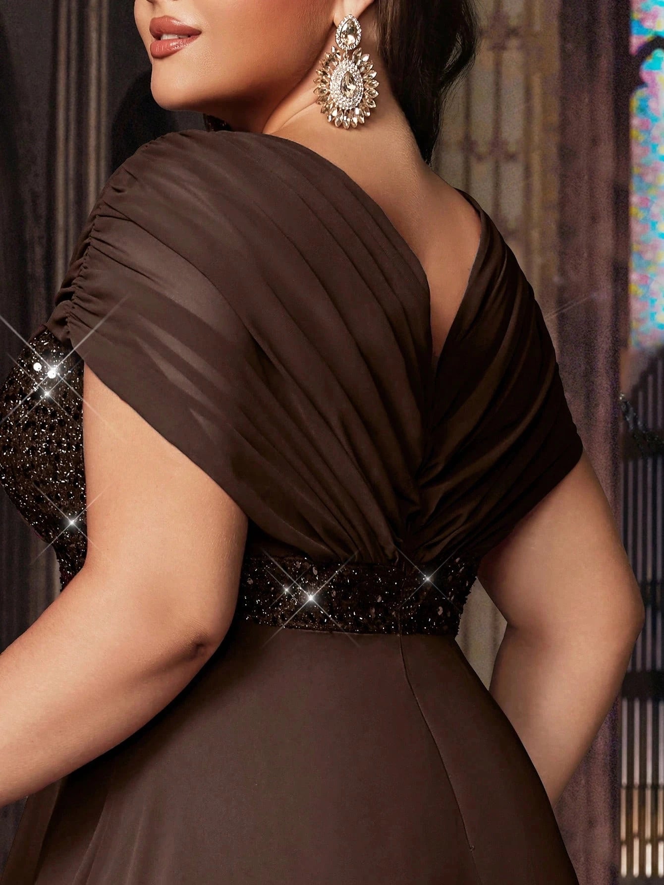 Modest Plus Size A‑Line V‑Neck Cape Sleeve Twist Back Long Prom Dress