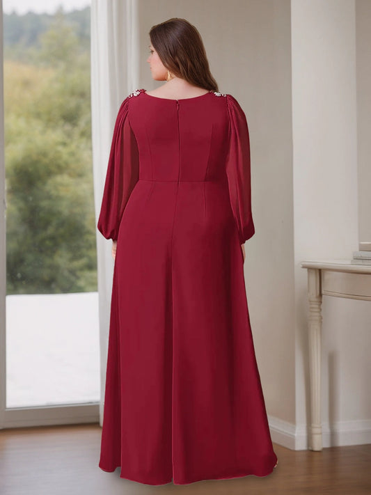 Burgundy plus size evening gown back view, round back neck, center back zipper, sheer balloon sleeves and flowing chiffon long skirt