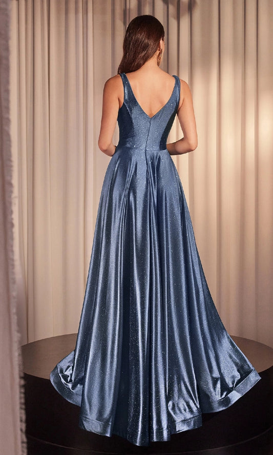 roselledress slate blue full glitter a-line formal gown seamless shallow v plain low open back vertical invisible zipper thin spaghetti satin party dress back view