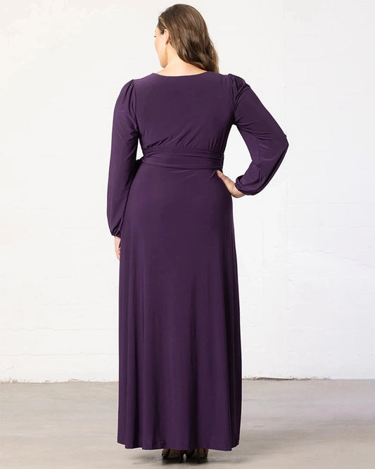 roselledress deep purple plus size wrap wedding guest dress long sleeve solid back maxi formal dress back view