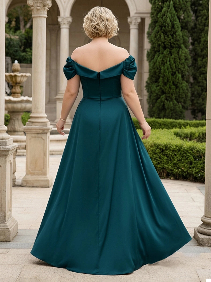 Model wearing roselledress teal green plus‑size satin formal dress off‑the‑shoulder zipper‑back rear view