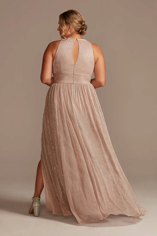 Champagne plus size formal dress with keyhole back, center zipper and flowing pleated skirt