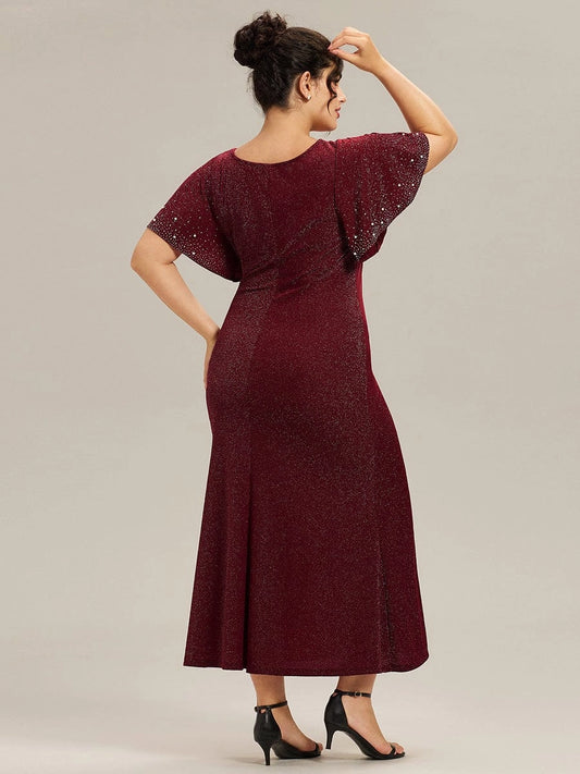 Roselledress sparkly formal dress plus size round neck ruched waist midi party dress back view