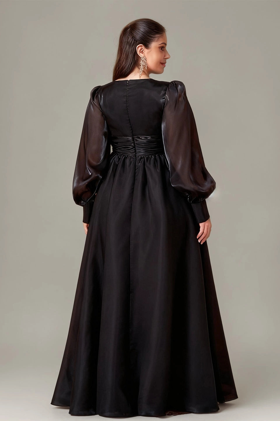 roselledress curvy black evening gown solid zipper back long sheer puff sleeve wedding mother maxi dress