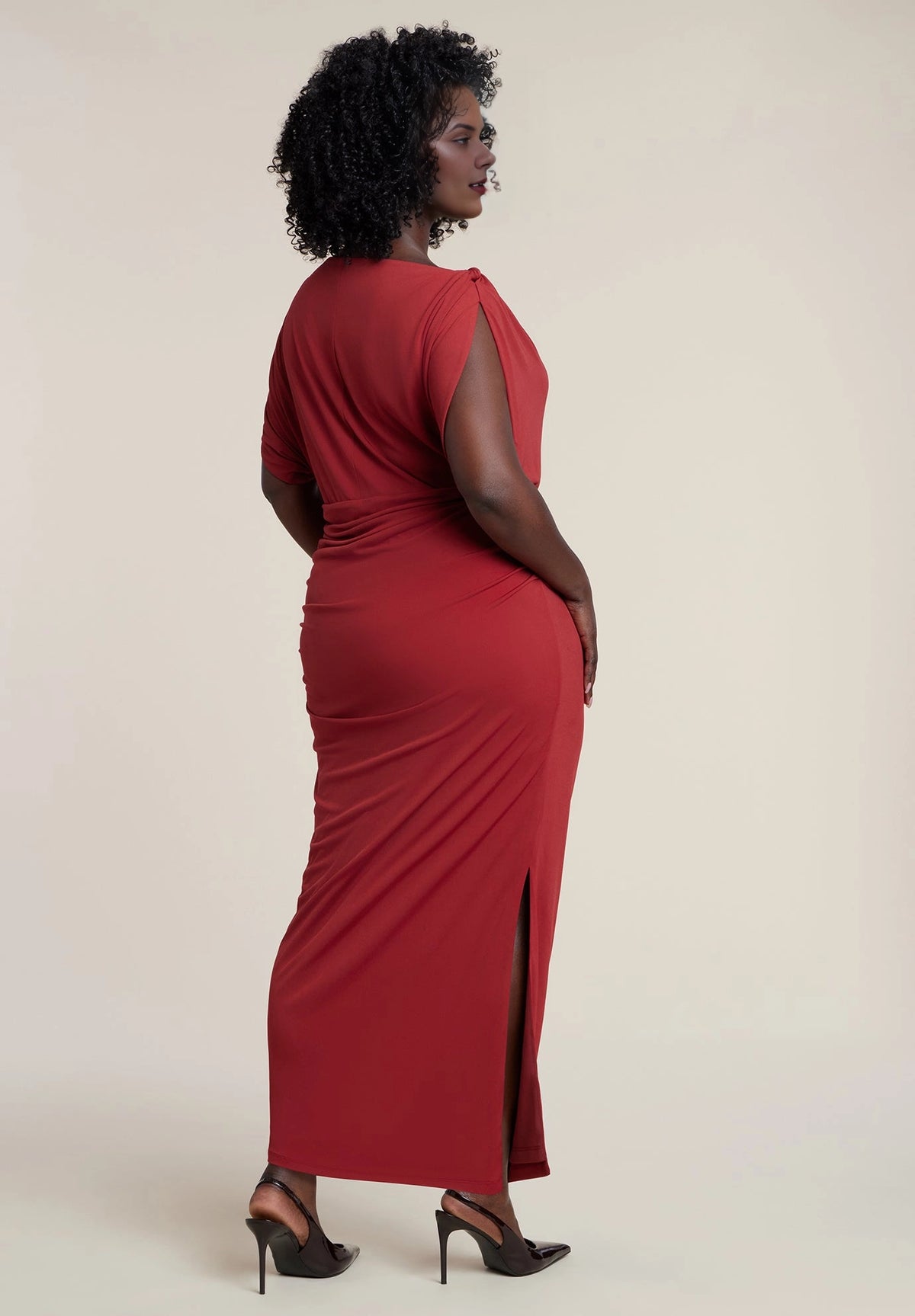 Olive Green Plus Size Jersey Boat Neck Ruched Slit Midi Wedding Guest Dress