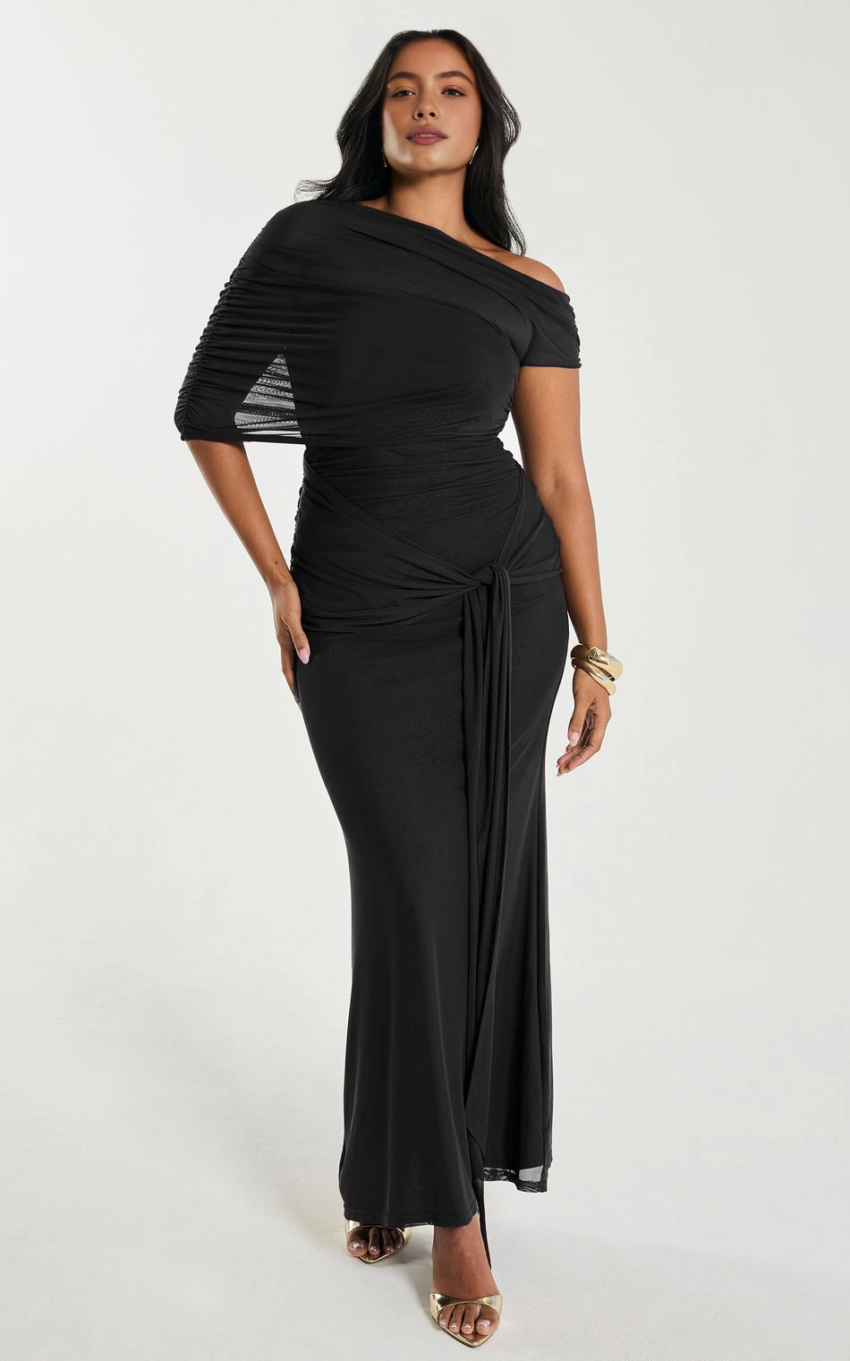 Romantic Mermaid One Shoulder Mesh Short Sleeve Open Back Tie Waist Plus Size Maxi Wedding Guest Dress