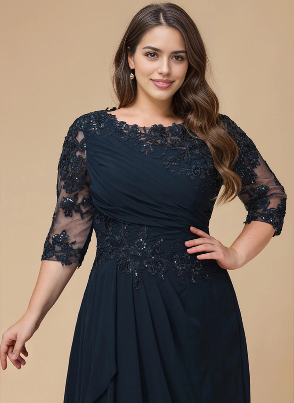 Roselledress Flowy A-Line Round 3/4 Sleeve Lace Zipper Back Floor Plus Size Weeding Guest Dress