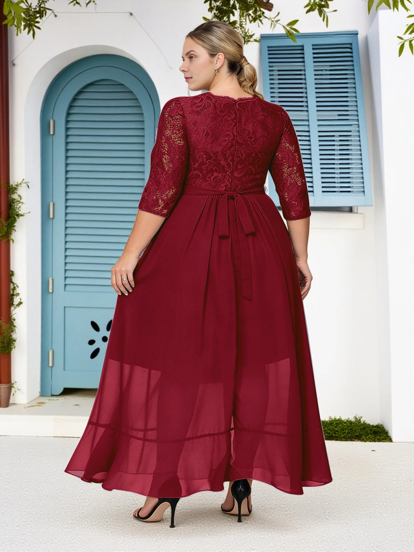 Roselledress burgundy a‑line formal dress back view, tie bow back zipper closure lace chiffon mother of bride gown