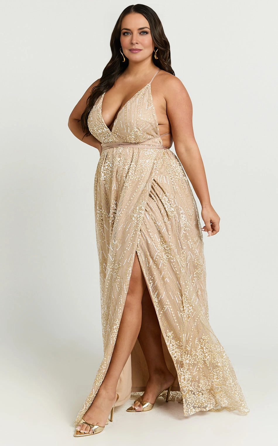 Flowy A-Line Deep V Spaghetti Strap Criss Cross Tie Back Sequin Maxi Plus Size Wedding Guest Dress