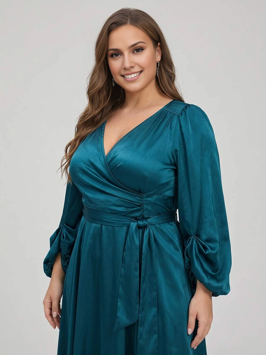 Roselledress V Neck Wrap Puff Sleeve Midi A Line Plus Size Prom Dress